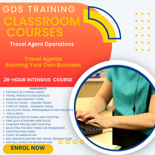 Advertisement for GDS Training Classroom Courses on travel agent operations with a person using a computer.