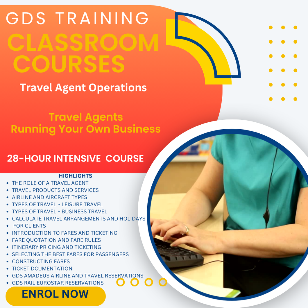 Advertisement for GDS Training Classroom Courses on travel agent operations with a person using a computer.
