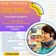 Advertisement for GDS Training class-based travel courses with a travel agent in a store.