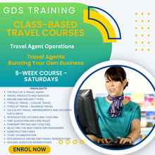 Advertisement for GDS Training class-based travel courses with a woman at a computer.